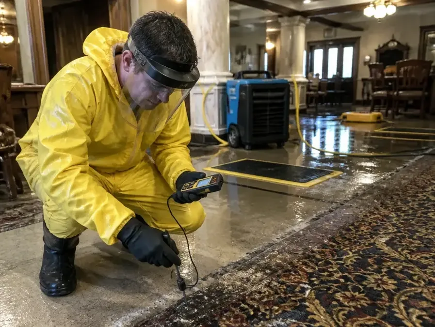 A technician in protective gear checking floor moisture beside drying mats and a dehumidifier