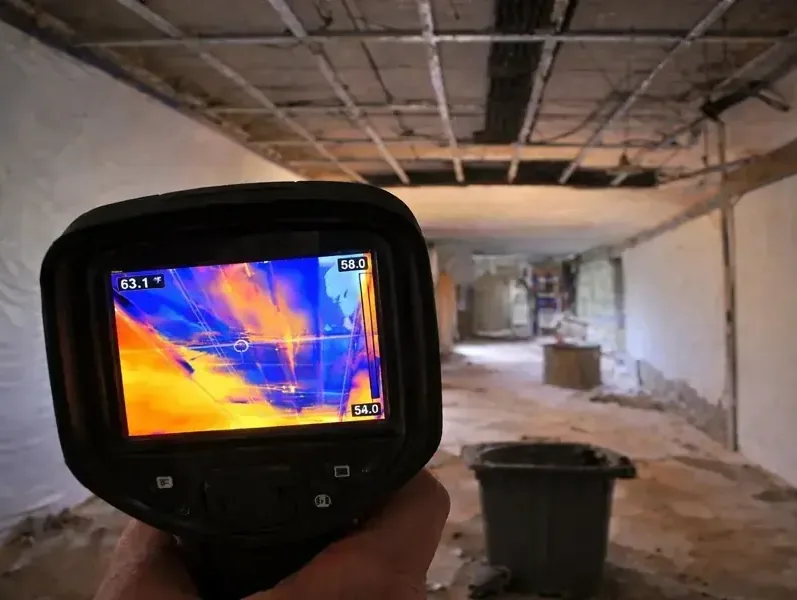 A thermal imaging camera showing hidden moisture in a gutted room