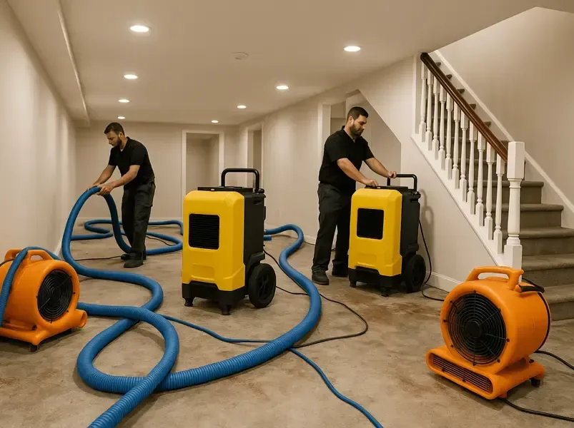 Two restoration technicians setting up air movers, dehumidifiers and extraction hoses in a home in Austell