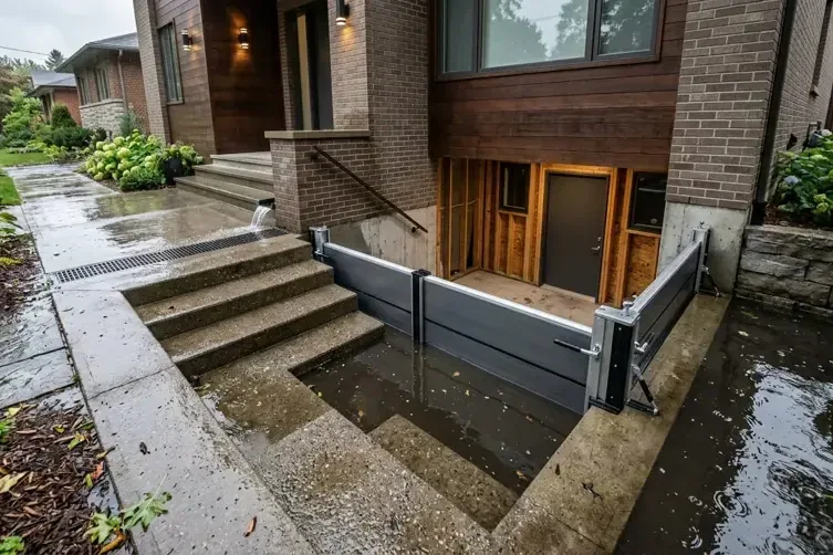 Rain runoff pooling at a stepped entry and door threshold during a storm