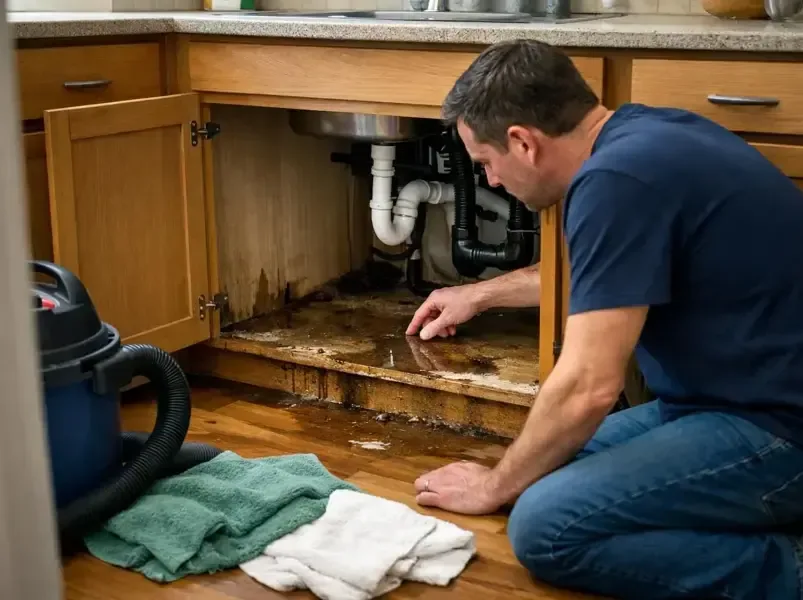 Clearing water out from under a kitchen sink cabinet after a supply leak