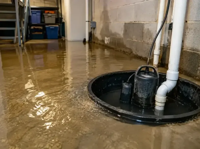 A basement floor under water around an overflowing sump pit