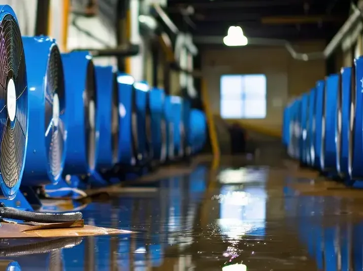 Rows of air movers drying a long commercial corridor after a flood