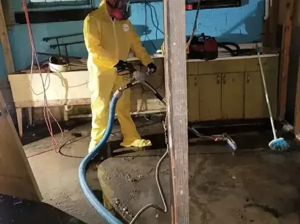 A technician in a protective suit and respirator extracting a sewage backup in a basement