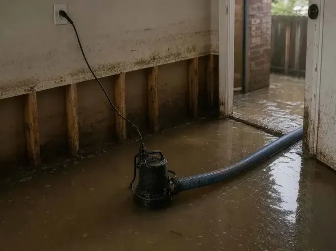 A pump and discharge hose working in storm water inside a lower-level room with the drywall cut out